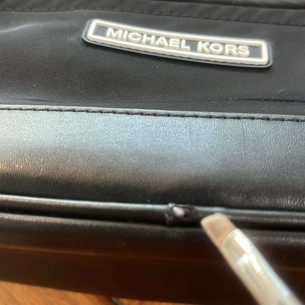 Michael Kors black white nylon camera crossbody bag webbing logo strap